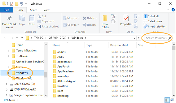 File Explorer shows the contents of the Windows folder (Win108)