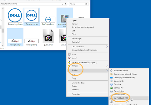 Three selected files copied to removable drive with Send to (Win10)