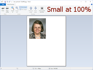 Example: Print error - image at 100 percent at upper left (Win10)