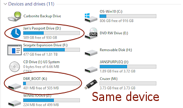 Example: Drives in File Explorer - two drives on same USB flash drive (Win10)