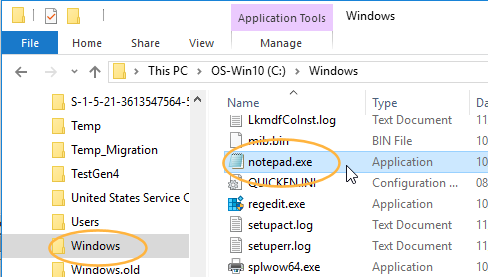 File Explorer: notepad.exe (Win10)