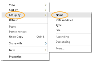 Right Click Menu: Group by > Name (Win10)