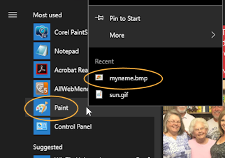 Start > Paint > recent files > myname.bmp