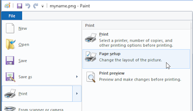 File > Print > Page Setup for Paint (Win10)