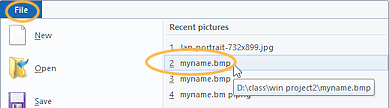 File > Recent pictures > myname.bmp (Win10)