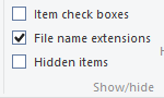 Ribbon: View > Show/Hide tab group > check box for File name extensions (Win10)