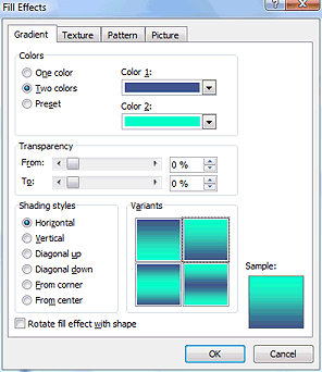 Dialog: Fill Effects > Gradient - with new colors, indigo and turquoise (Word 2007)