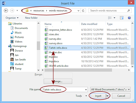 Dialog: Insert File - Tahiti-info.docx (Word 2013 )