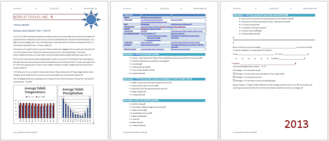 Trip Planner after creating a custom style set (Word 2013)