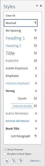 Styles pane with default styles (Word 2013)