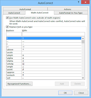 Dialog: AutoCorrect - Math AutoCorrect (Word 2013)