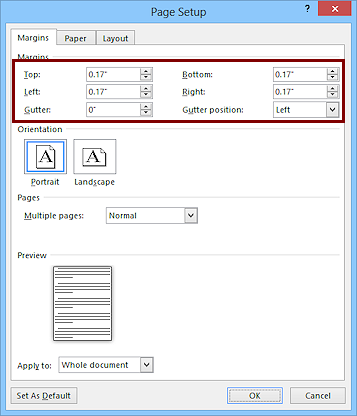 Dialog: Page Setup - minimum margins (Word 2013)