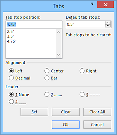 Dialog: Tabs (Word 2013)