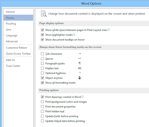 Dialog: Word Options - Display (Word 2013)
