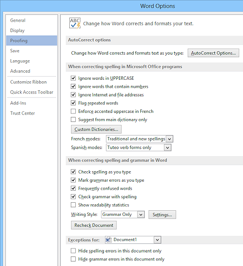 Dialog: Word Options - Proofing (Word 2013)