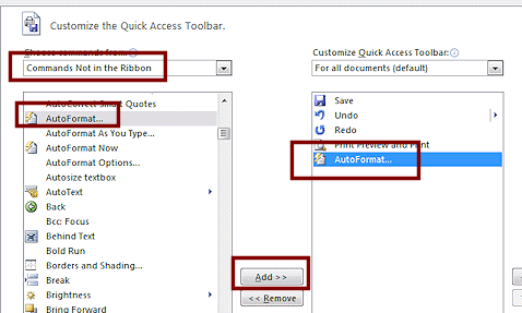 Dialog: Word Options - Quick Access Toolbar - AutoFormat... (Word 2010)