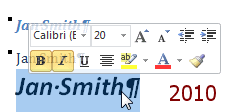 Mini-Toolbar: Bold, Italics, 20 pt.
