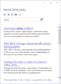 Help: Search results for 'styles' (Word 2016)
