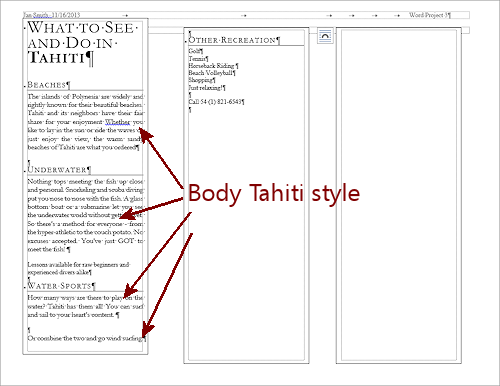 Brochure page 2 with Body Tahiti style applied to paragraphs