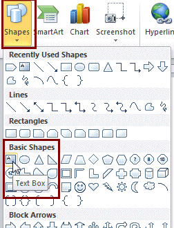 Button: Shapes > Text Box (Word 2010)