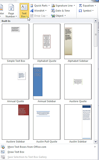 Button: Text Box - gallery open (Word 2010)