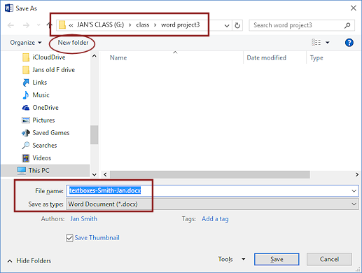 Dialog: Save As - word project3 folder, textboxes-Lastname-Firstname.docx (Word 2016)