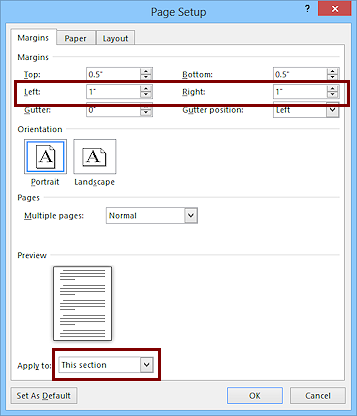 Dialog: Page Setup > Margins > Left and Right = 1" (Word 2013)