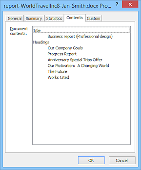 Dialog: Properties for document > Contents tab (Word 2013)