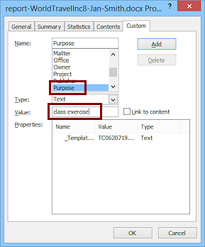 Dialog: Properties for document > Custom tab (Word 2013)