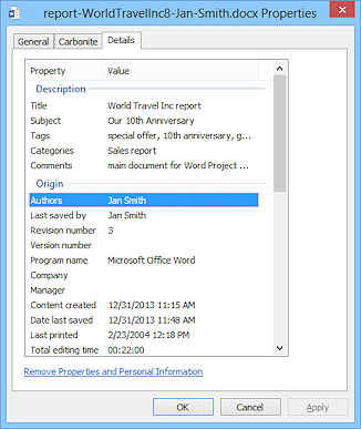 Dialog: Properties > Details tab (Win8)