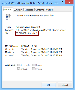 Dialog: Properties for document > General tab (Word 2013)