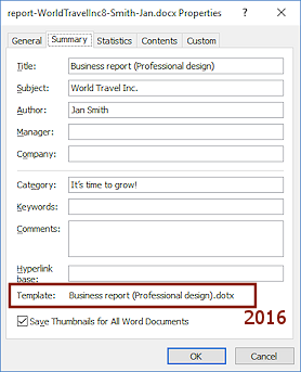 Dialog: Properties for report-worldtravelinc8-initial (Word 2016)