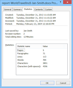 Dialog: Properties for document > Statistics tab (Word 2013)