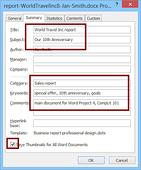 Dialog: Properties for document > Summary tab (Word 2013)