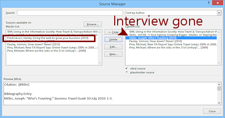 Dialog: Source Manager - Harley's interview gone from Current List (Word 2010)