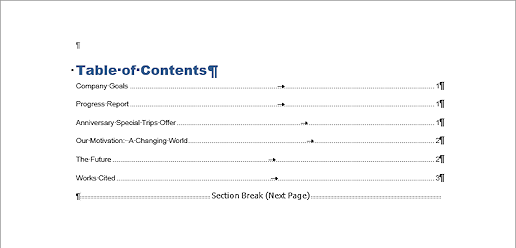Table of Contents page (Word 2013)