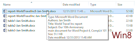 Explorer showing popup of properties (Win8)