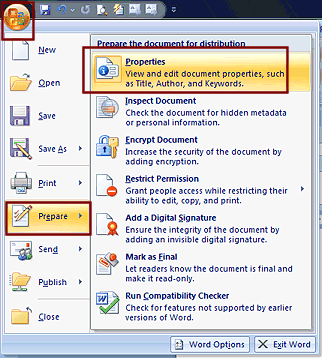 Menu: Office button > Prepare > Properties (Word 2007)