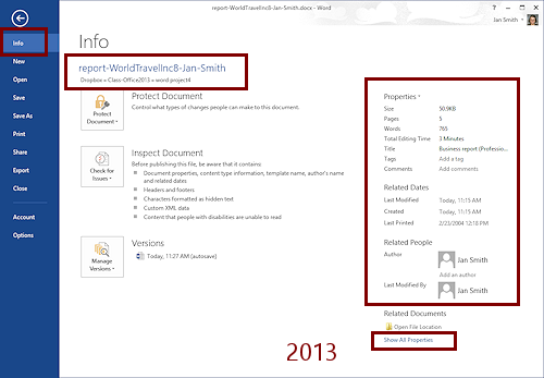 Info pane (Word 2013)
