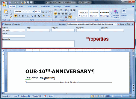 Pane: Properties - initial (Word 2007)