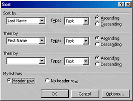 Dialog- Sort - by Last Name ascending, then First Name ascending, with Header Row