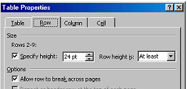 Dialog- Table Properites - Row tab