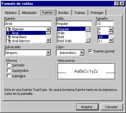 Diálogo: Formato celdas:  Fuente