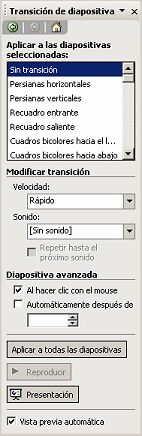 Panel: Transición de diapositiva- Sin transición