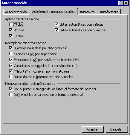 Diálogo: AutoCorrección | AutoFormato mientras escribe