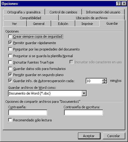 Diálogo: Opciones - Guardar
