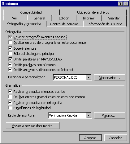 Dialog Options - Spelling and Grammar