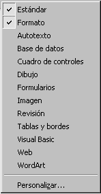 Menú - barras de herramientas de Word