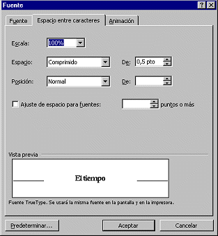 Diálogo: Fuente | Espacio para caracteres - Tiempo