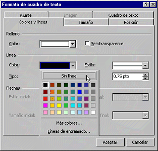 Diálogo: Formato cuadro de texto | Colores y líneas